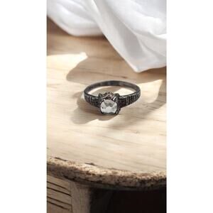 Medieval Revival Solitaire Ring – Sterling Silver Clear Faceted Stone Size 4.75